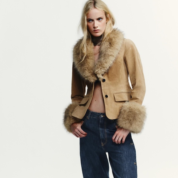 Zara Tailored Suede Leather Blazer with Faux Fur 4341/811/711 - Picture 6 of 6